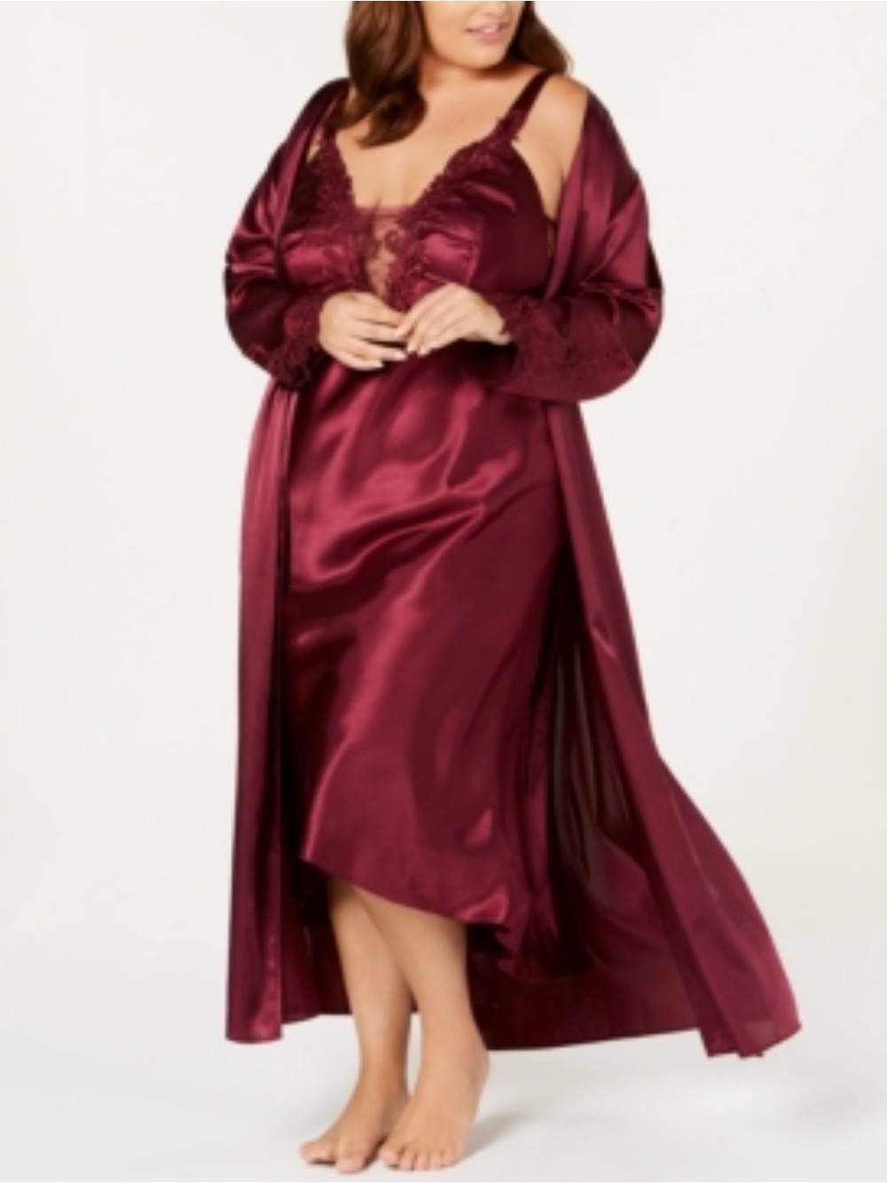 Flora Nikrooz Satin Lace Chemise and Robe Set - Burgundy